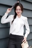  Sơ mi lụa trắng basic viền dây trang trí 