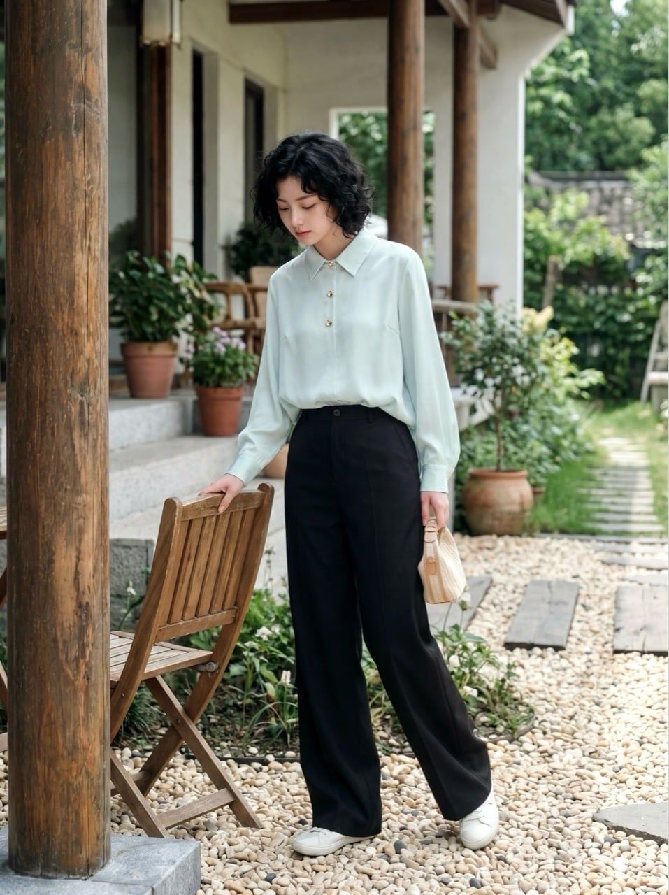  Sơ mi lụa basic xanh mint khuy hoa 