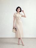  Đầm midi be cổ V nhún sườn 