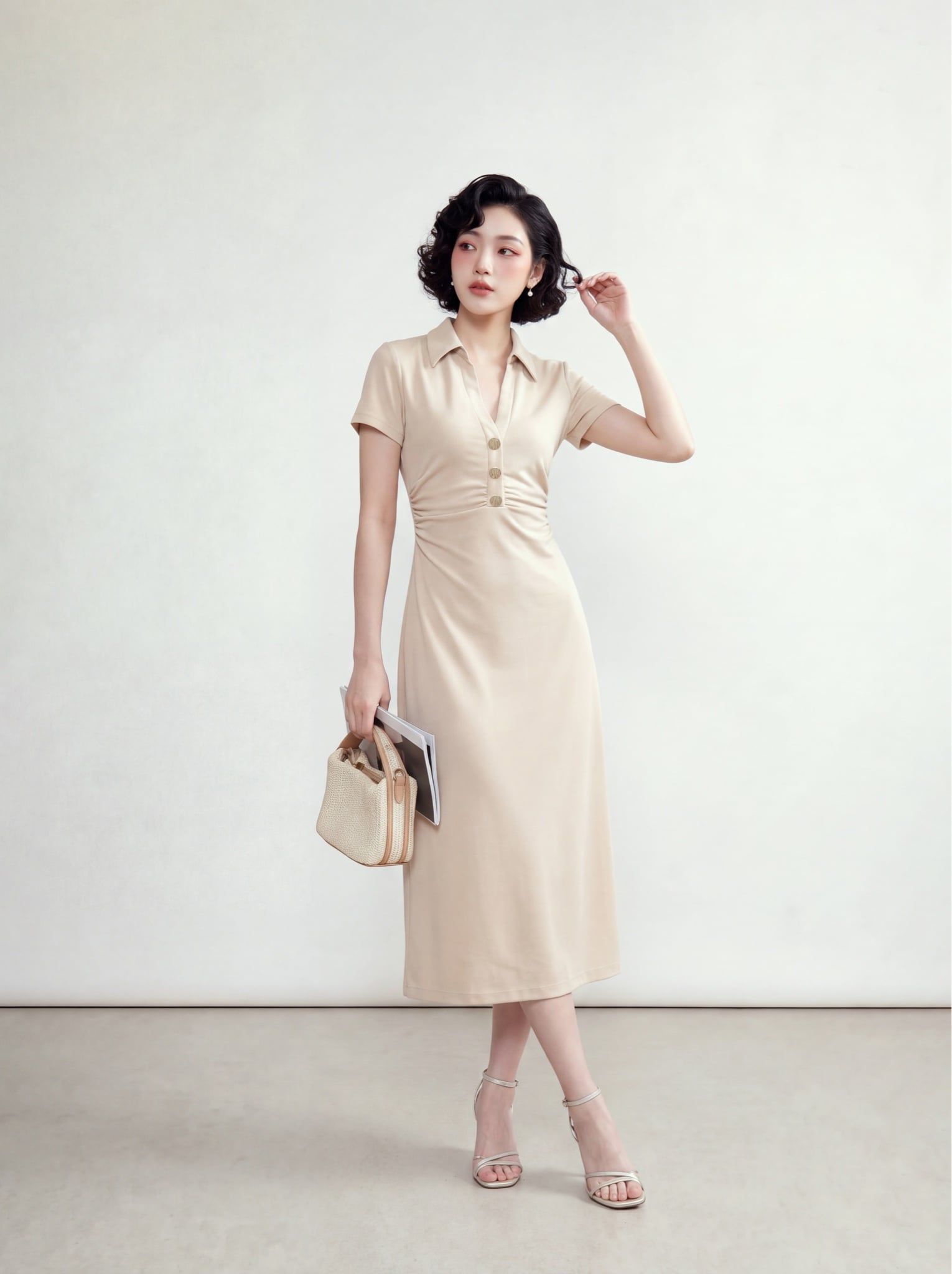  Đầm midi be cổ V nhún sườn 