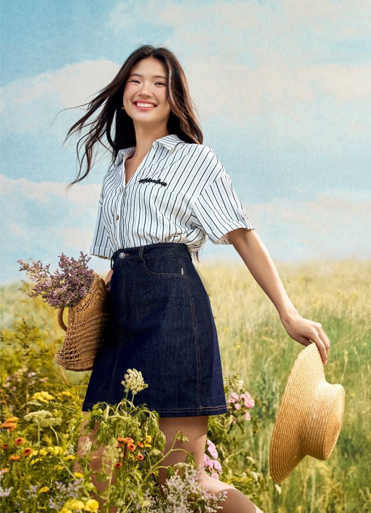 Chân váy A denim xanh chàm basic