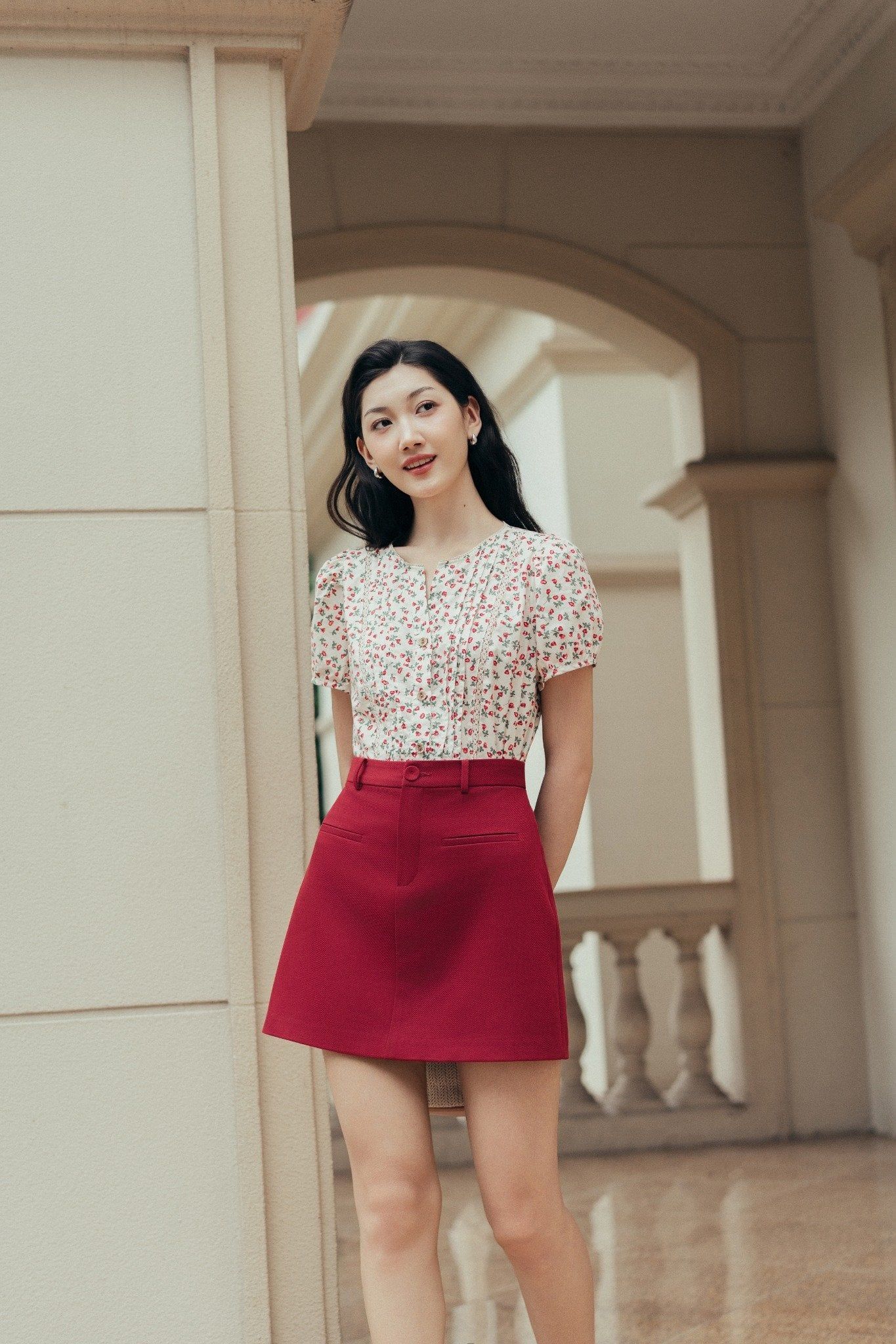  Chân váy A mini basic túi cơi Đỏ đô 