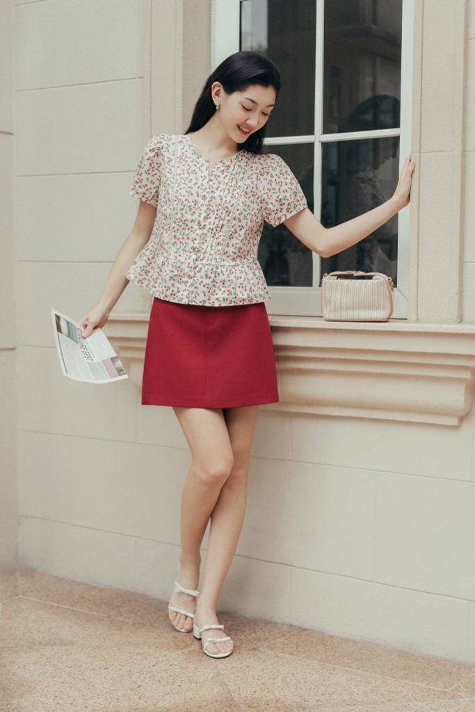 Chân váy A mini basic túi cơi Đỏ đô