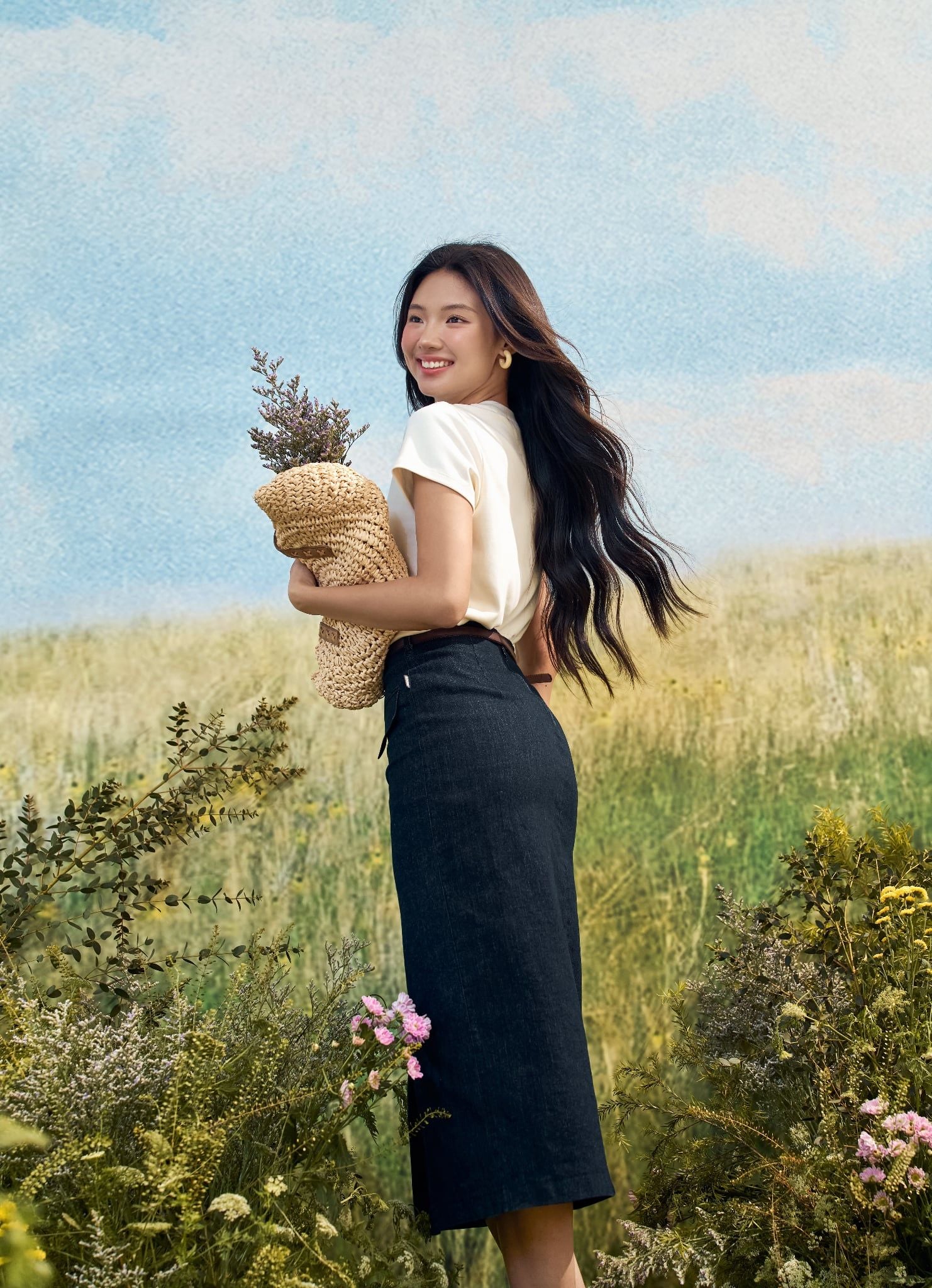 Chân váy midi basic Denim tàn đen