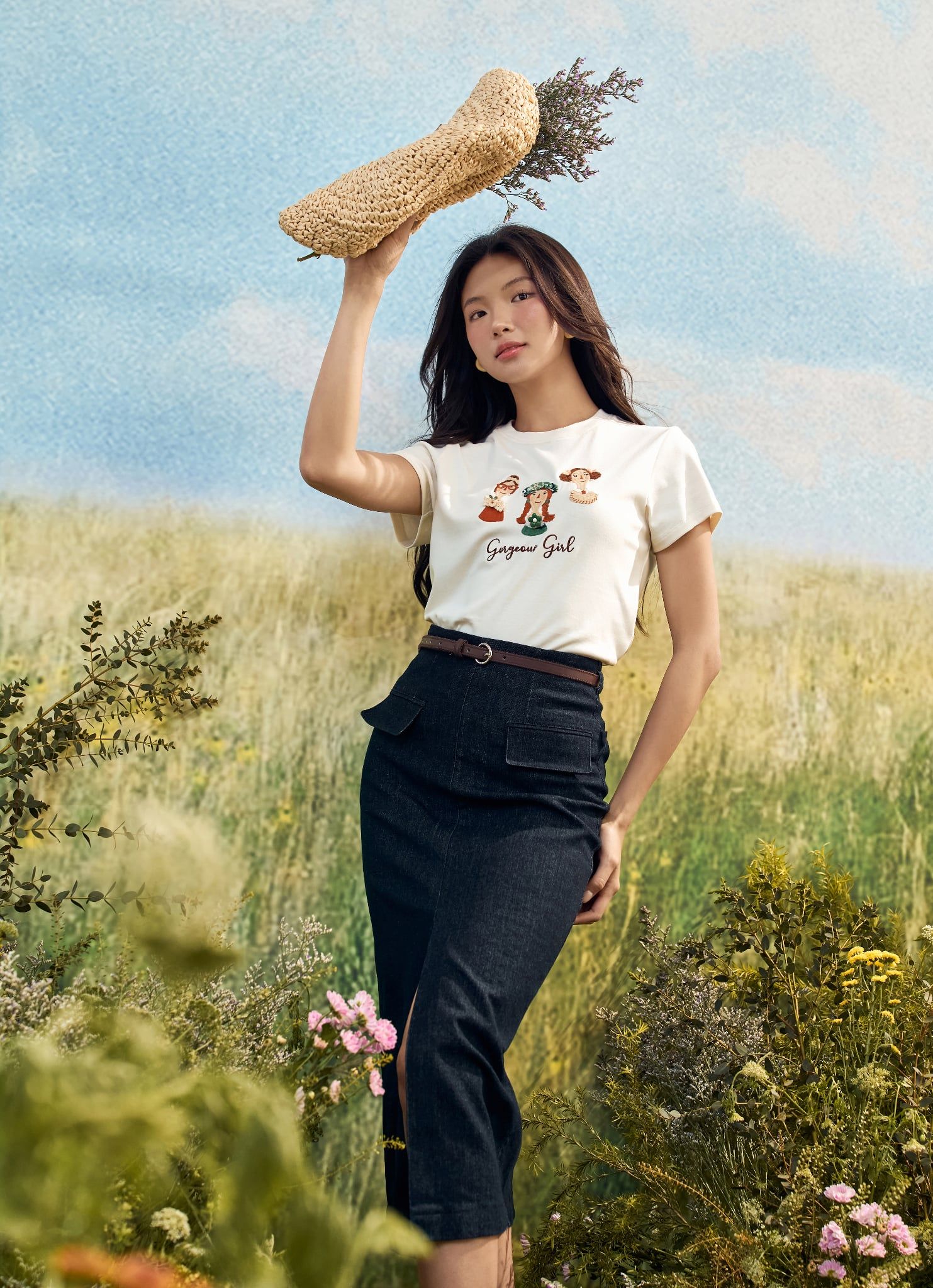 Chân váy midi basic Denim tàn đen