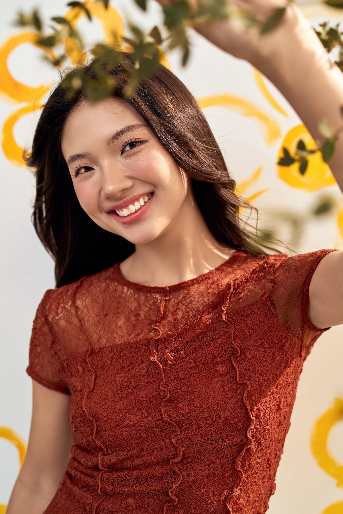 Áo thun ren can mảnh màu cam