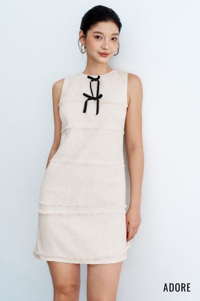 Đầm mini suông sát nách tech phẩy trắng đính nơ