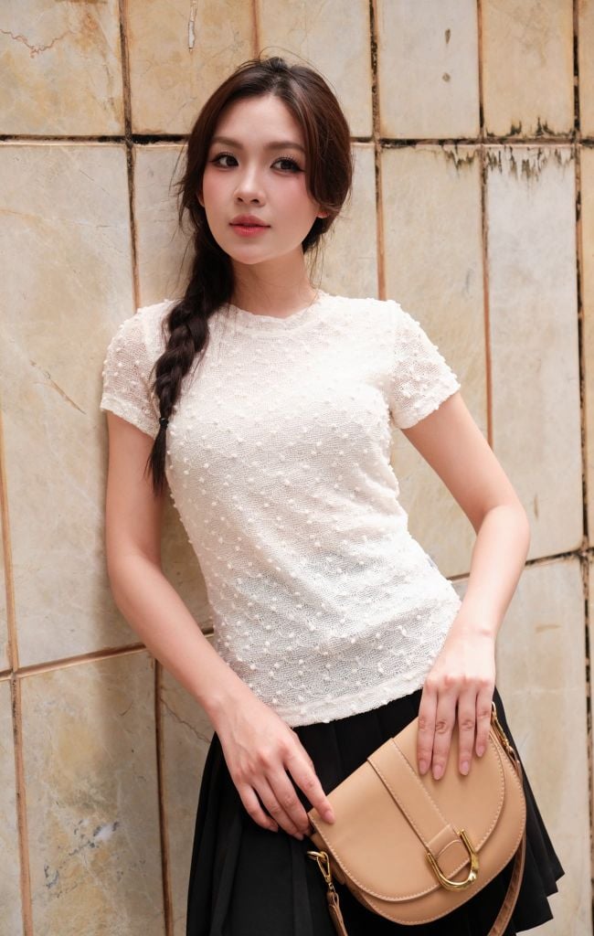 Áo thun basic hạt nổ màu kem