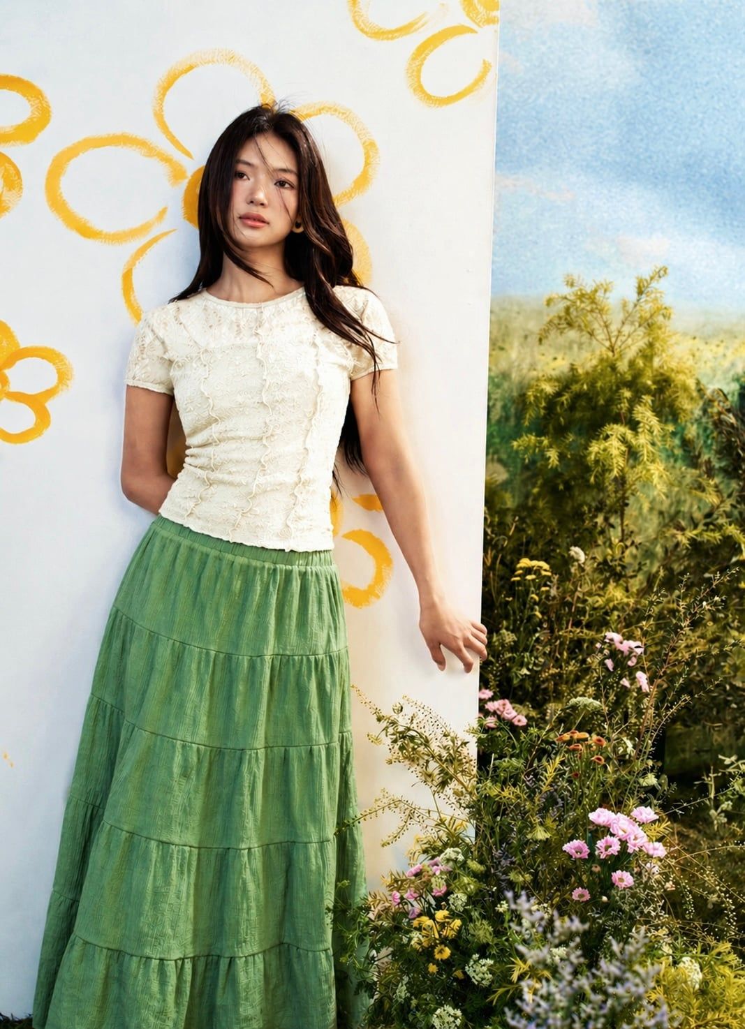 Chân váy maxi tơ nối tầng màu green