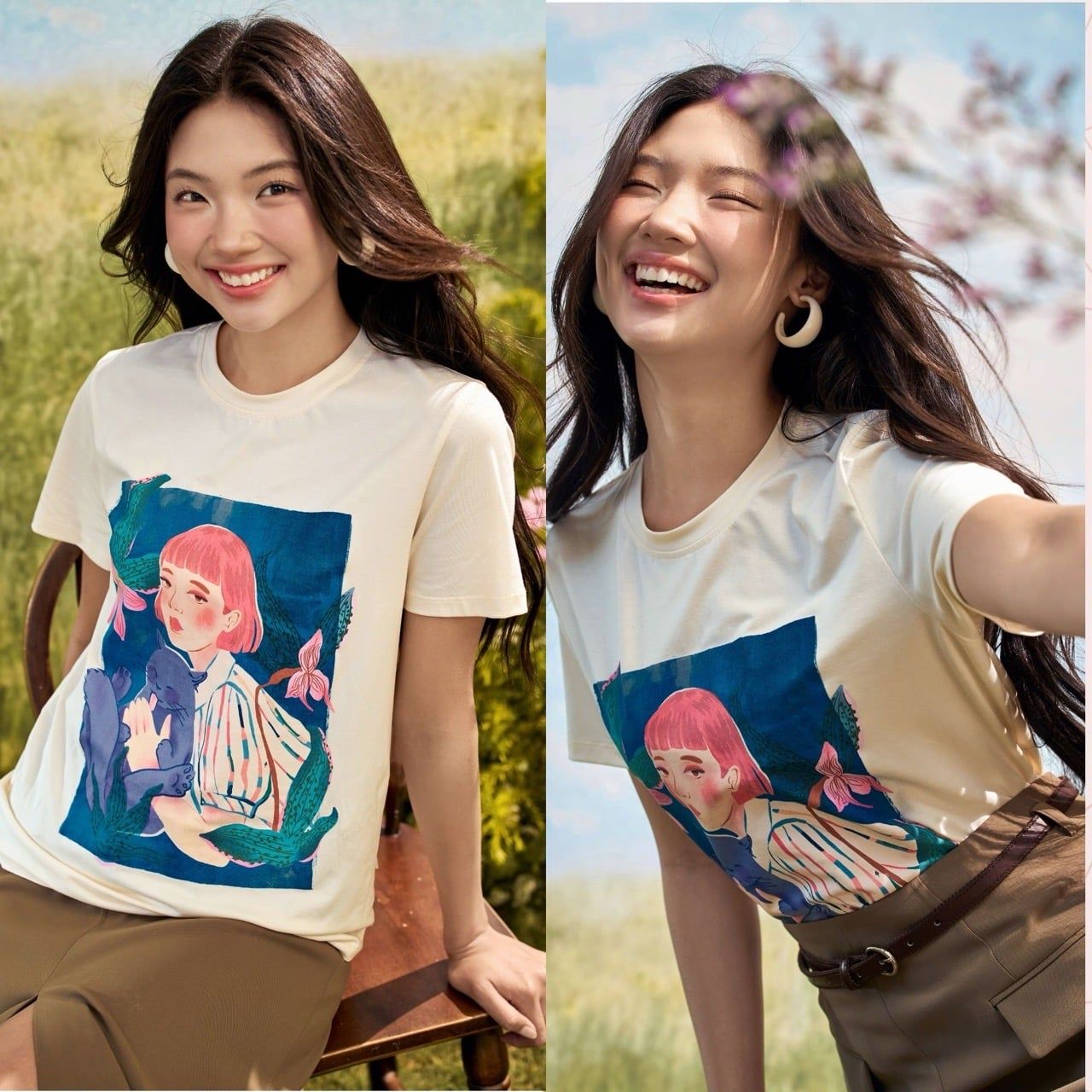 Áo phông kem cô gái summer ôm mèo