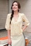  Áo peplum thô vàng kem thêu hoa cổ 