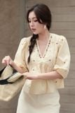  Áo peplum thô vàng kem thêu hoa cổ 