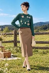  Chân váy midi basic sẻ trước màu nâu lạnh 