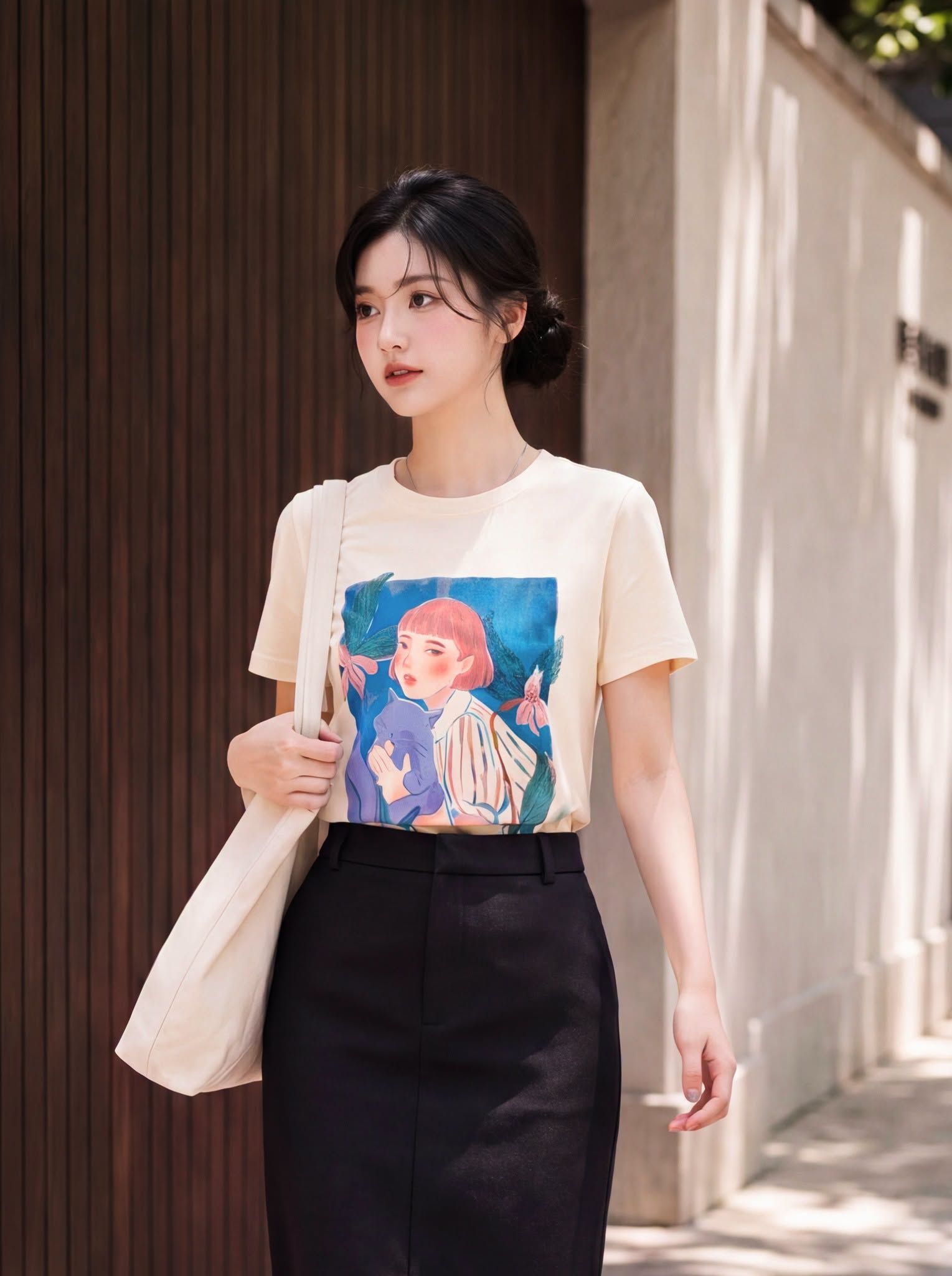 Áo phông kem cô gái summer ôm mèo