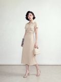  Đầm midi be cổ V nhún sườn 