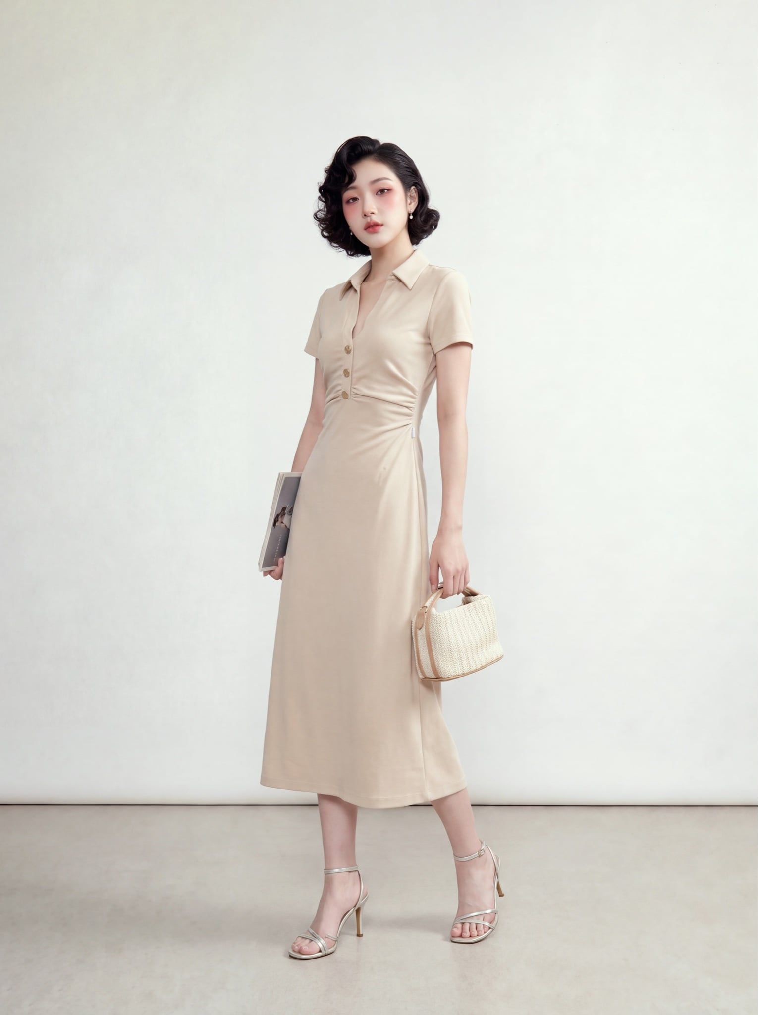  Đầm midi be cổ V nhún sườn 