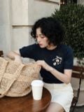  Áo len dệt họa tiết trám, đính trang trí màu Navi 