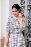  Chân váy midi karo xếp xòe 