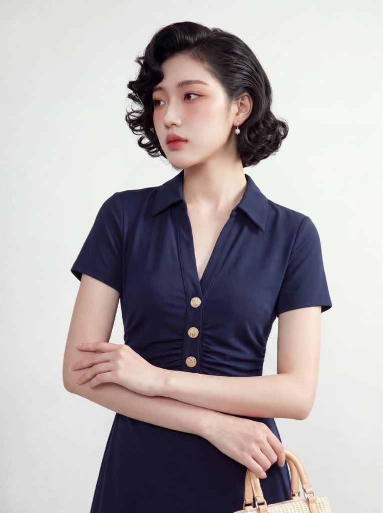 ĐẦM MIDI NAVI CỔ V NHÚN SƯỜN
