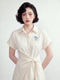  Đầm trắng kem Hawai cổ sơ mi nơ vắt lệch 