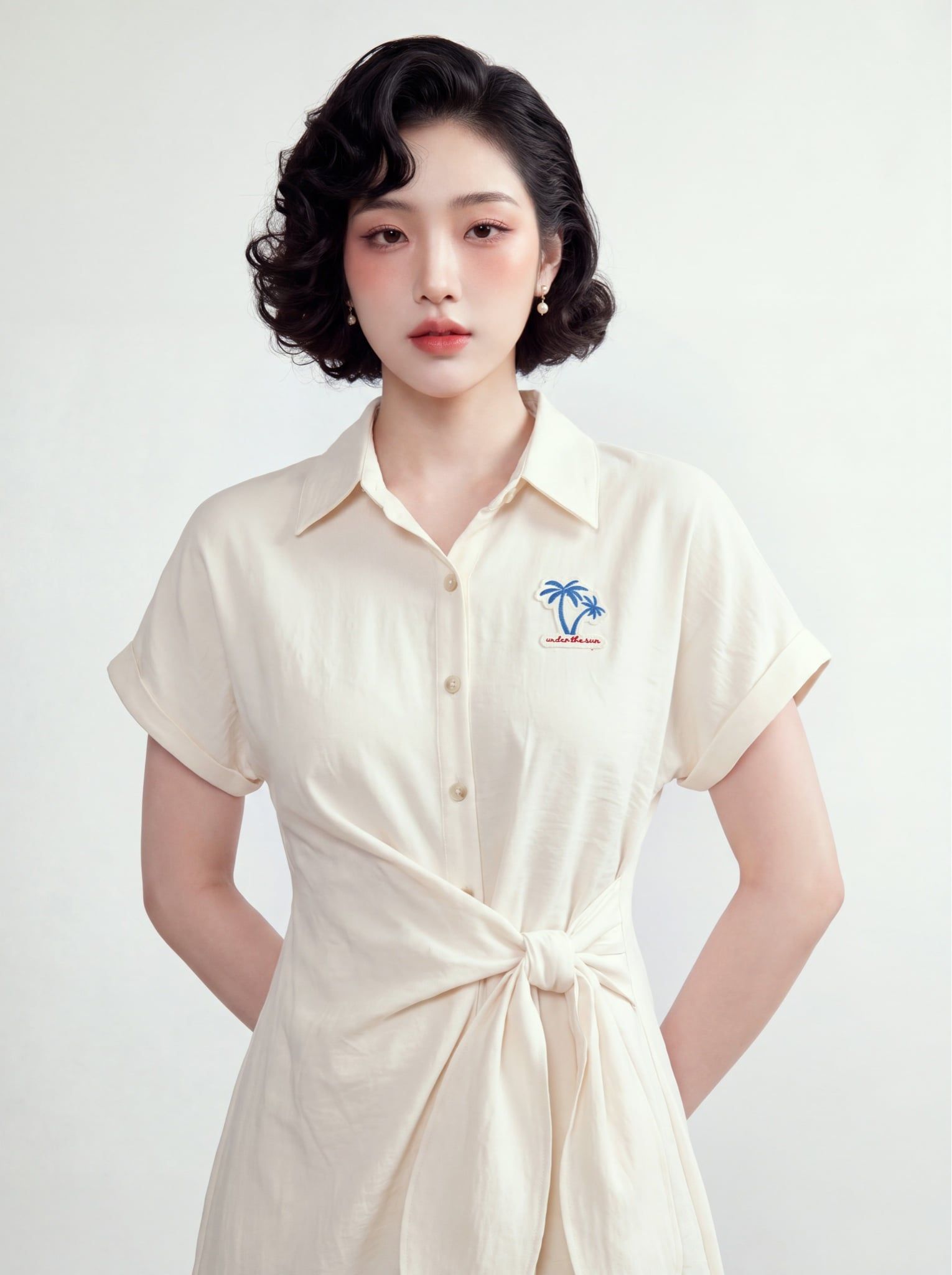  Đầm trắng kem Hawai cổ sơ mi nơ vắt lệch 