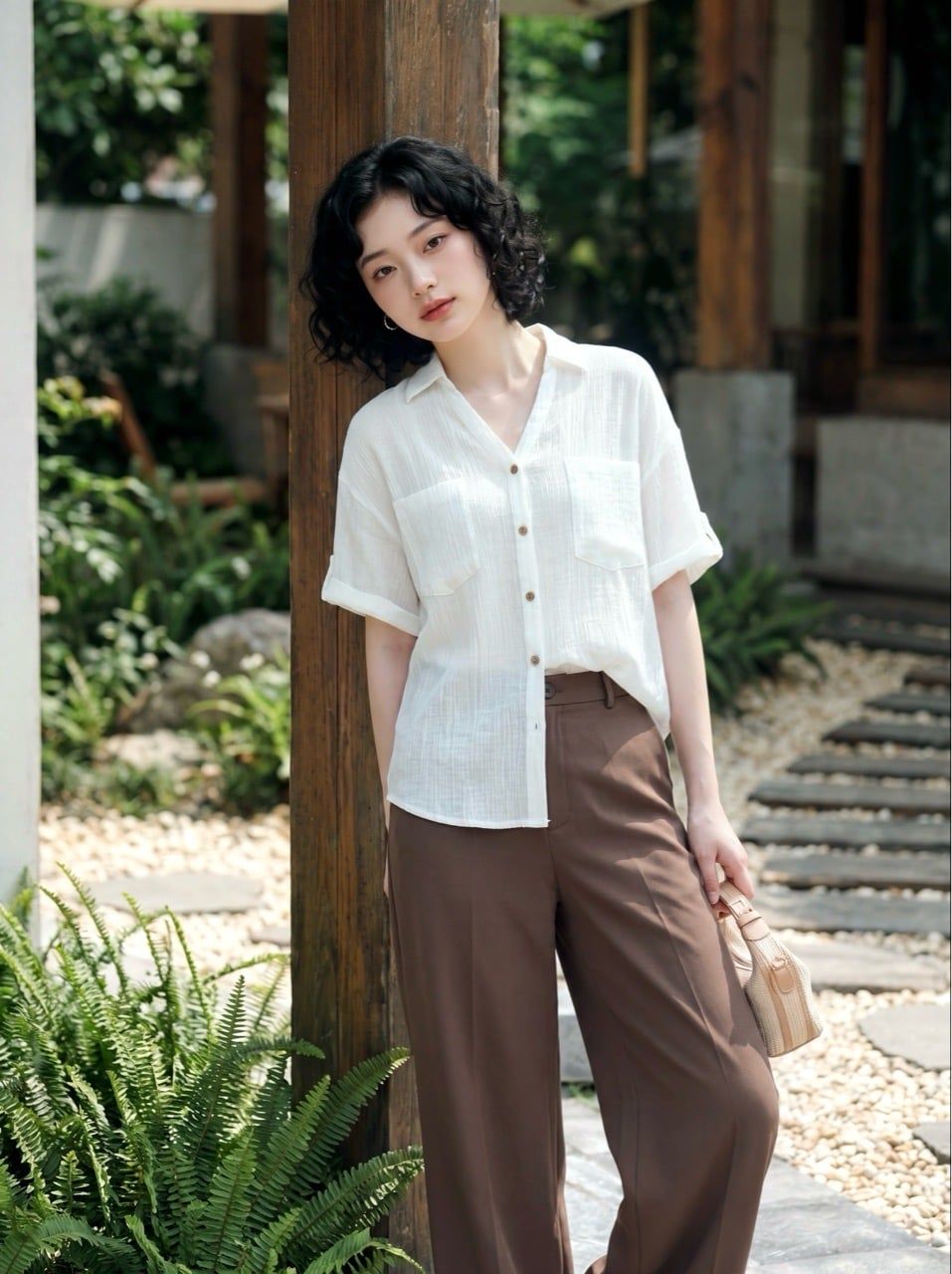  Sơ mi basic cổ V màu trắng 