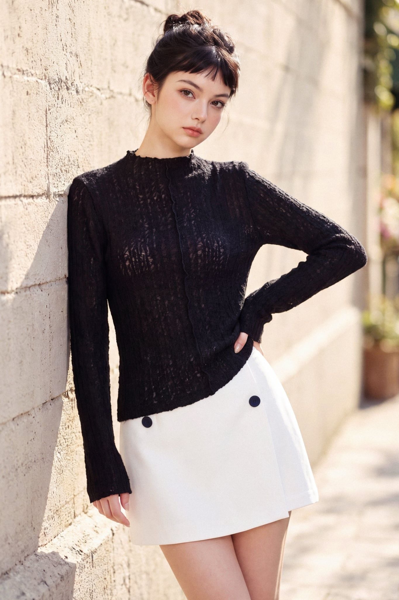  Top dài tay thun lưới đen cổ leo 