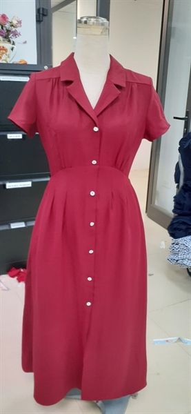Midi dresses tuytsy trơn đỏ đô khuy rose vintage