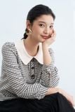  Sơ mi karo đen trắng phối cổ dây trang trí 