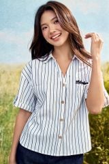  Sơ mi basic cổ V nền trắng sọc xanh navi 