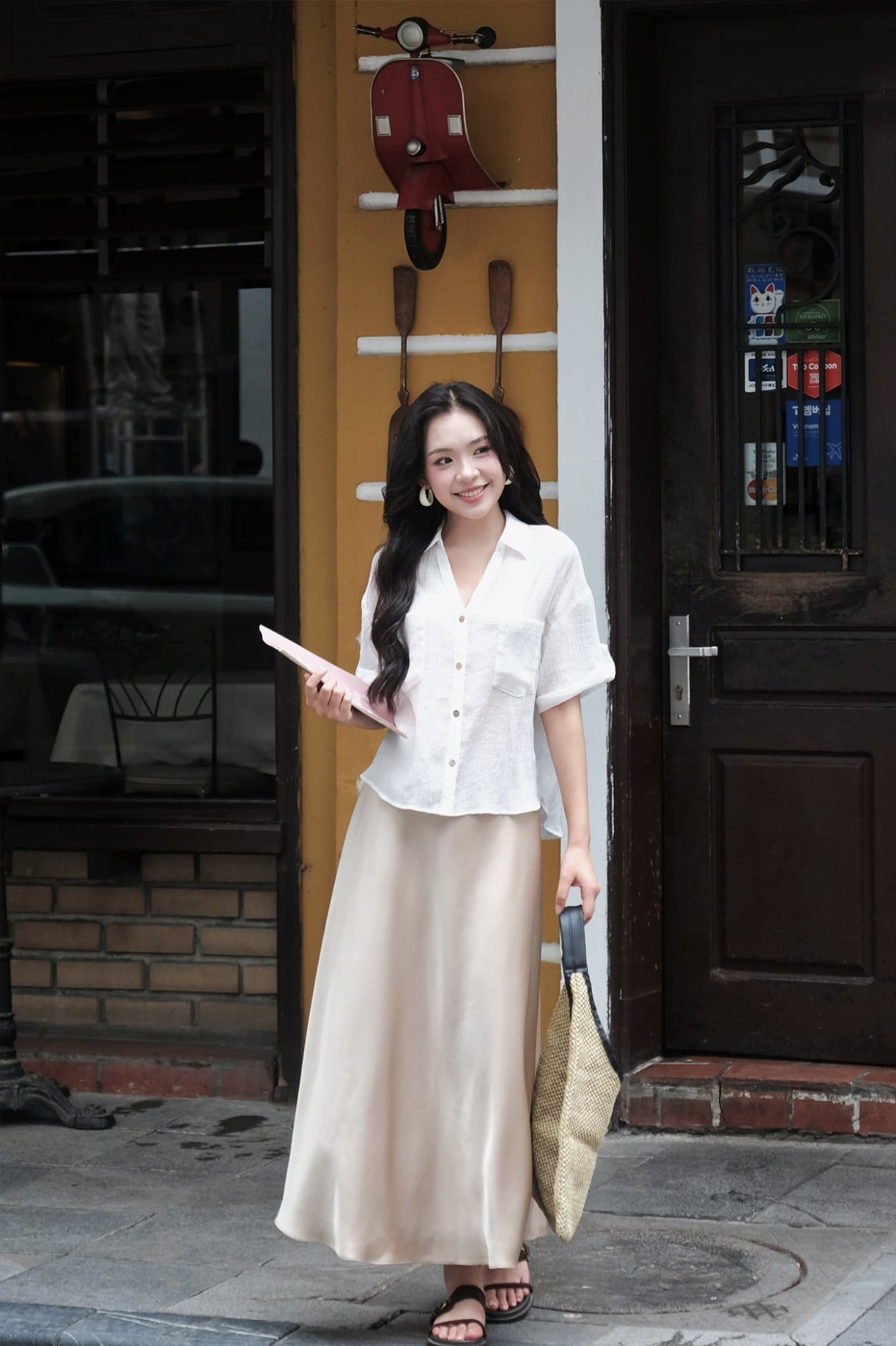 Chân váy lụa dài màu Nâu Champagne 