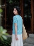  Áo thun dệt xanh ngọc lam thêu ngực 