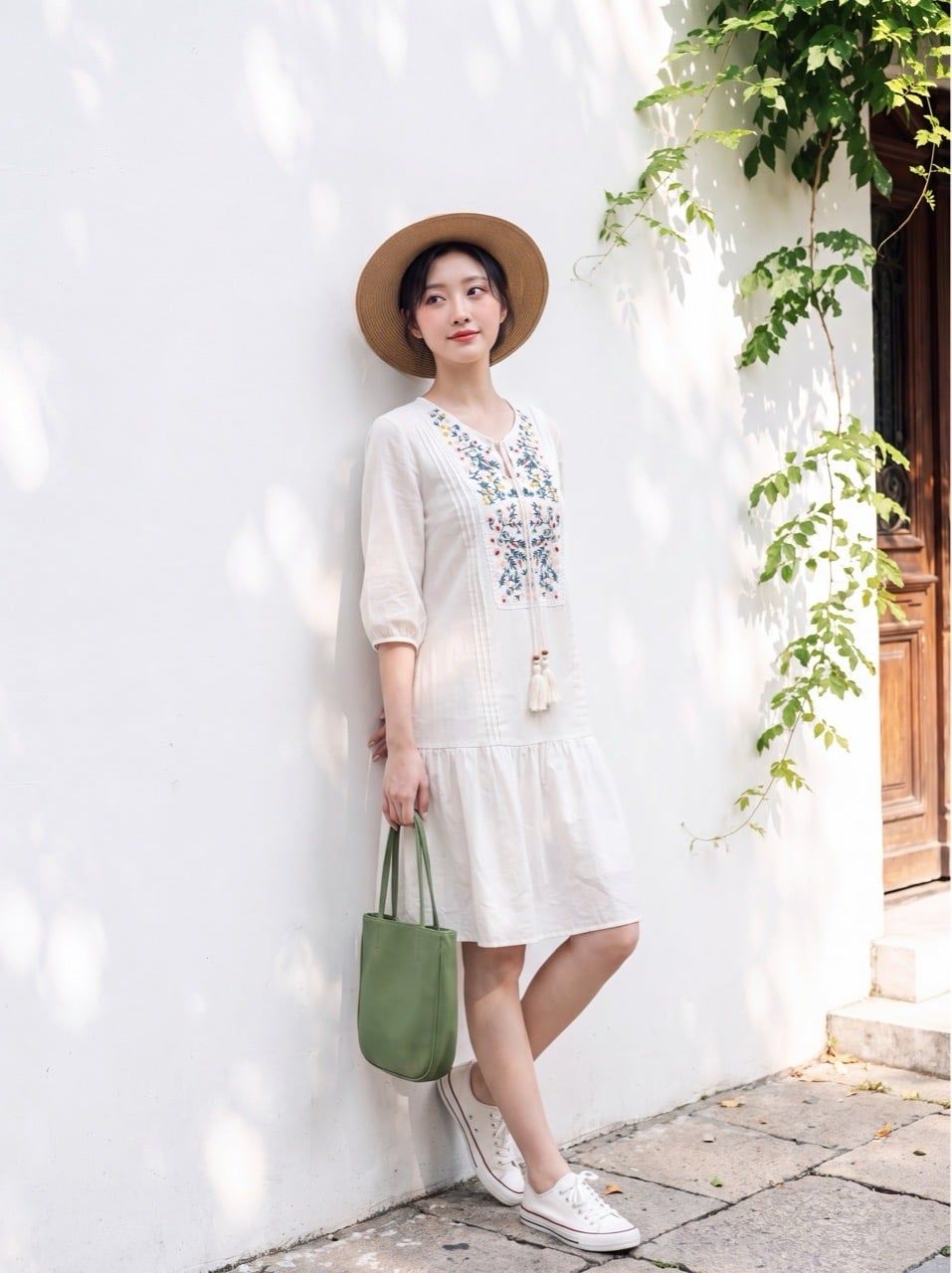  Đầm đuôi cá tunic trắng thêu thân trước 