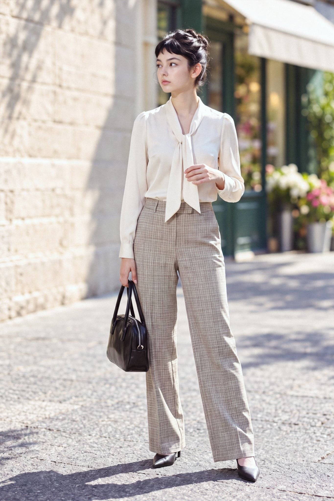  Quần suông houndstooth nâu 