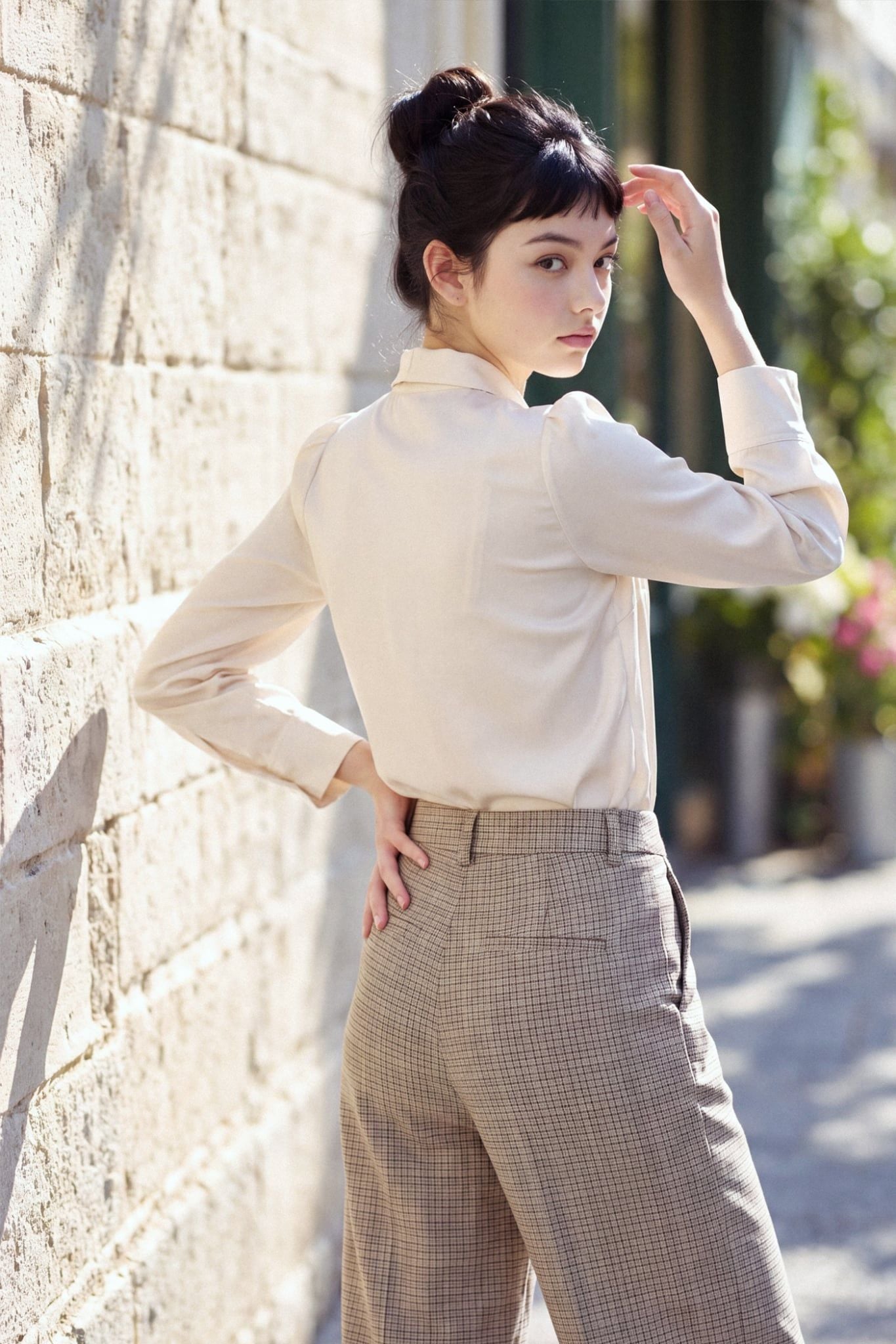  Quần suông houndstooth nâu 