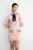  Đầm mini A tech hồng pastel cổ rua đính nơ 