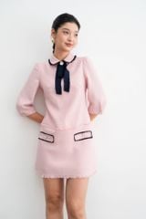  Đầm mini A tech hồng pastel cổ rua đính nơ 
