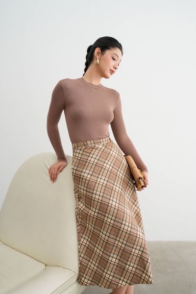 Chân váy xéo dạ mỏng karo nâu