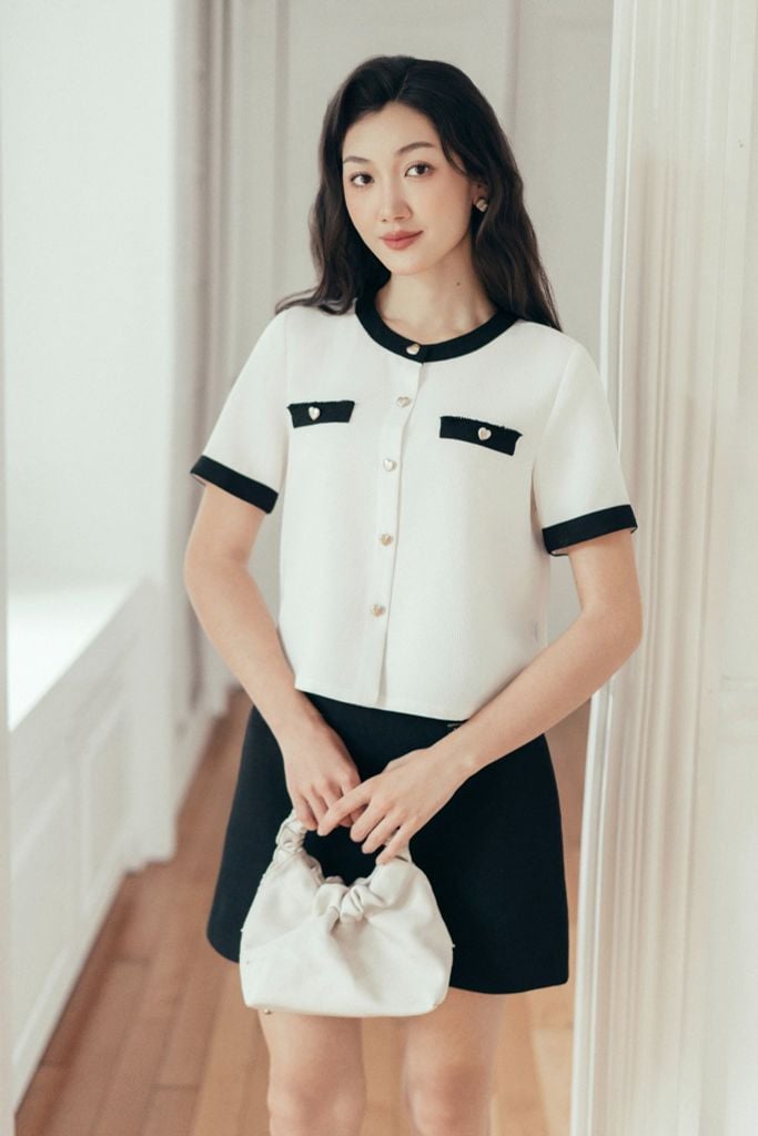 Chân váy A mini basic phối dây lấp lánh Đen