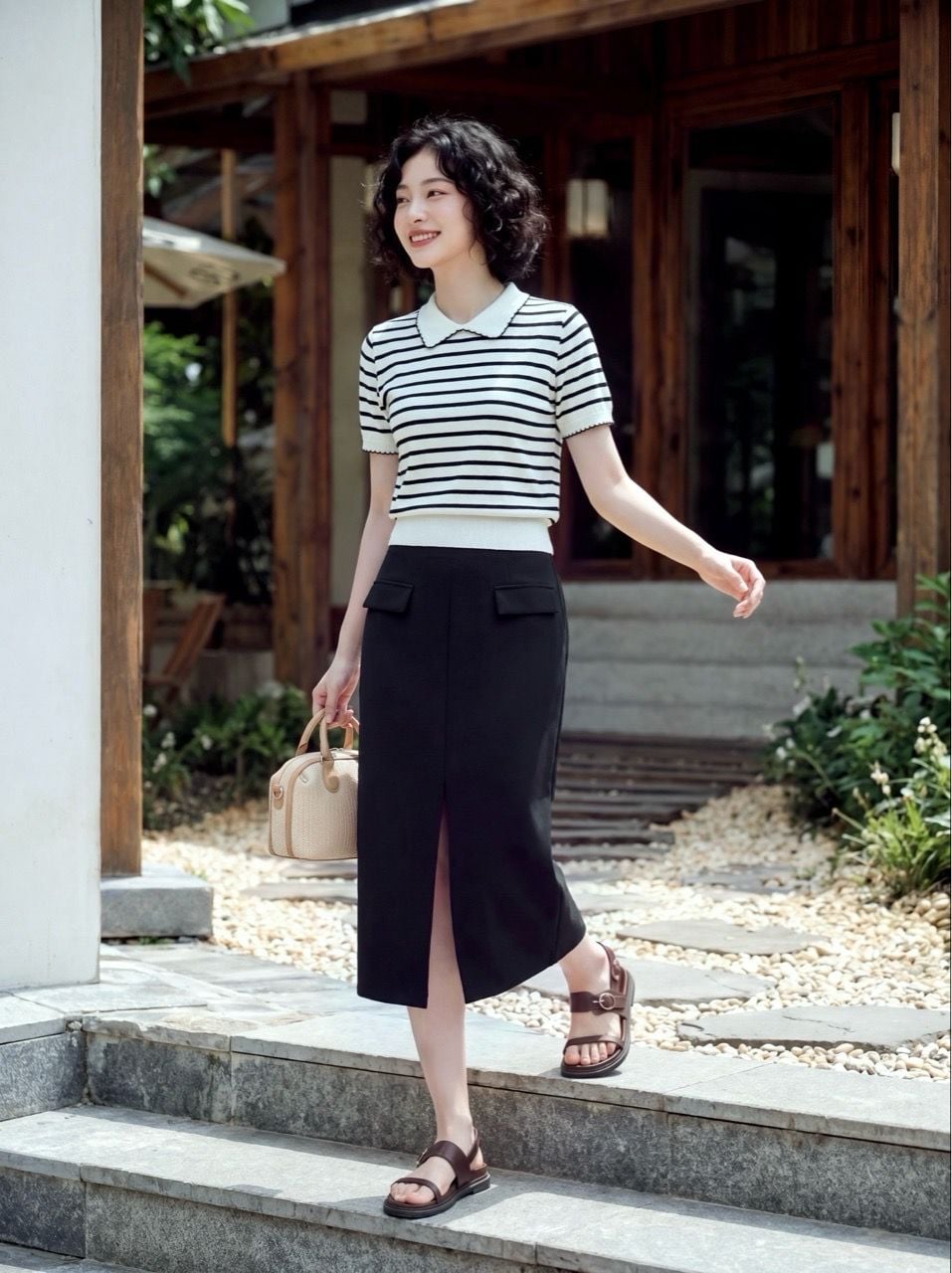  Chân váy midi basic sẻ trước màu đen 