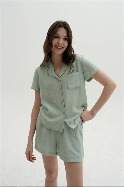 Set pyjamas cộc cổ 2 ve lụa đũi xanh mint