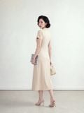  Đầm midi be cổ V nhún sườn 