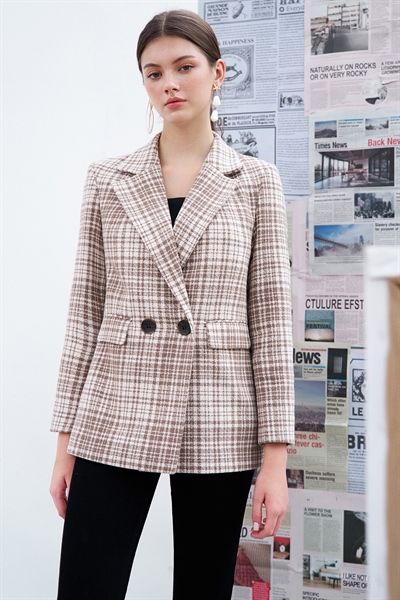 Áo blazer tweed karo nâu be