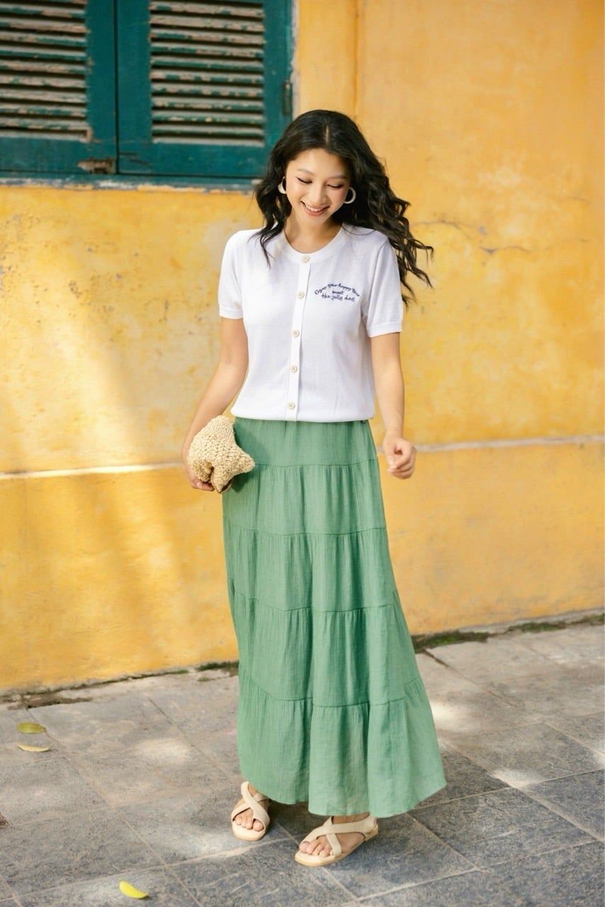  Chân váy maxi tơ nối tầng màu green 