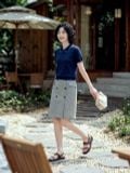 Áo Polo thun dệt màu navi phối diềm trang trí 