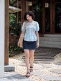  Áo peplum xanh thiên thanh thêu thân trước 