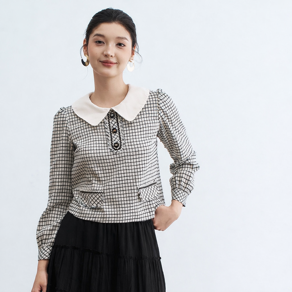 Sơ mi karo đen trắng phối cổ dây trang trí