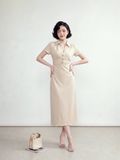  Đầm midi be cổ V nhún sườn 