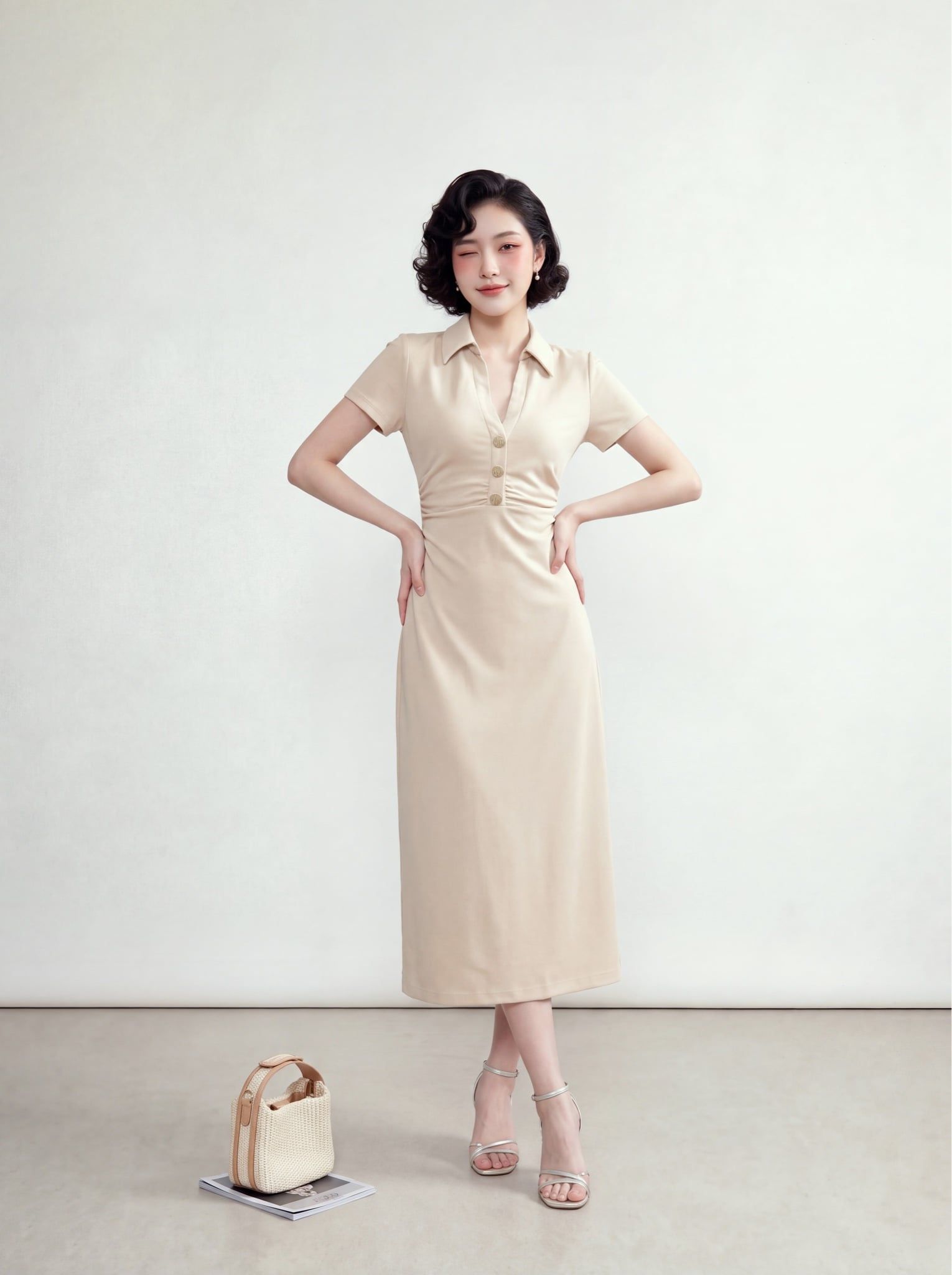  Đầm midi be cổ V nhún sườn 