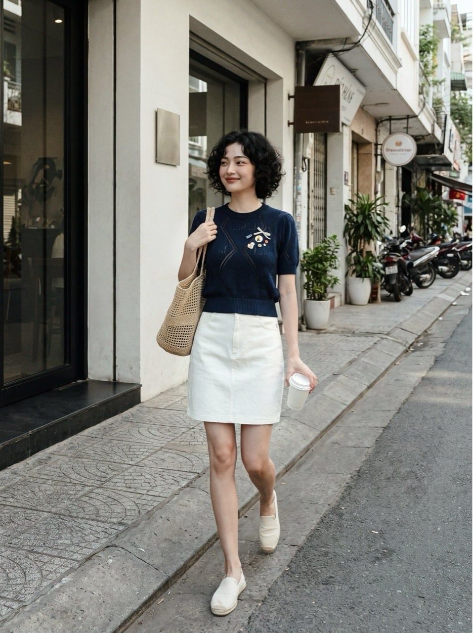  Áo len dệt họa tiết trám, đính trang trí màu Navi 